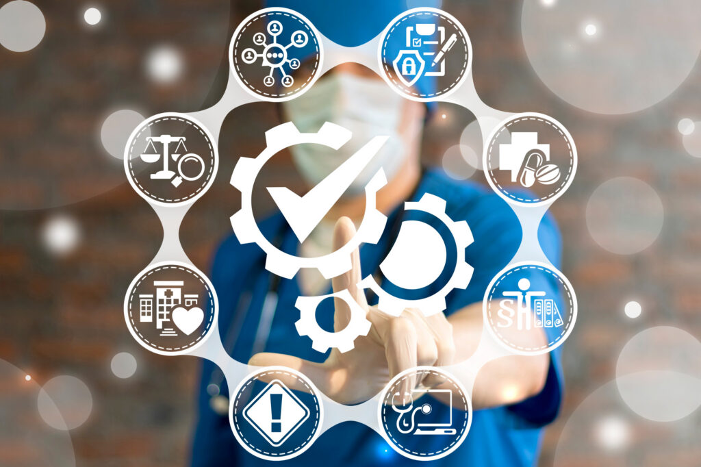 Compliancy Health Care concept. Doctor using virtual touchscreen presses compliance button.